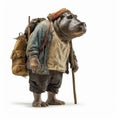 Old Hippopotamus Walking On Two Feet With Hobo Stick And Backpack
