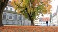 Old Historic Buildings With Colorful Autumn Falling Leaves