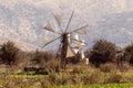 Old windmills Lassithi area, island Crete, Greece Royalty Free Stock Photo