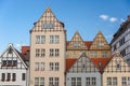 Historic granary houses on Granary Island, Gdansk, Poland. Medieval architecture with clear blue sky background