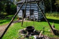 Old Historic Home at Old World Wisconsin with a Fire Pit and Cast Iron Tripod Royalty Free Stock Photo