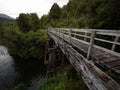 Old historic restored wooden railway bridge leading over Mokihinui river at Chasm Creek Track in West Coast New Zealand Royalty Free Stock Photo