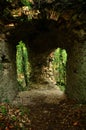 Old historic ruins of Scharfeneck castle with stone window and sun light. Inside a historic ruin. An abandoned haunted castle. Royalty Free Stock Photo