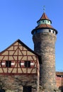 Old historical brick blocks tower with clear blue sky in winter