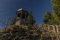 Old historical gazebo on rock near Pustevny in Beskydy mountain in morning