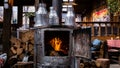 Old historical Ottoman village. Cumalikizik is UNESCO world heritage site. A local cafe, warmed by a traditional stove.