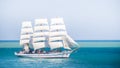 Old historical tall ship with white sails in blue sea russia Royalty Free Stock Photo