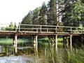 Old Historical Wooden Bridge Over River in Forest Royalty Free Stock Photo