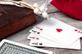 Old holy bible and cards on wooden table. Misticism and fortune telling, future prediction concept