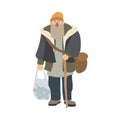 Old Homeless Man With Beard And Cane Standing And Holding Plastic Bag. Elderly Bum, Vagabond Or Hobo Dressed In Shabby