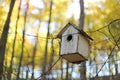 Old Homemade Birdhouse on Fence in Autumn Woods