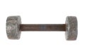 old homemade dumbbell cast in lead with rusty handle isolate on white background