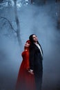 Old horror film style grain added. Gothic couple standing in fog. vampire man prince in black tailcoat embraces seduces Royalty Free Stock Photo