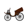 Flat vector icon of old horse-drawn carriage with brown convertible top and big wheels. Vintage wooden wagon for Royalty Free Stock Photo