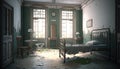 An old hospital room in an abandoned asylum, with peeling paint and rusted metal bed frames. Generative AI