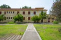 Old hotel buildings at Kaiafas lake, Greece.