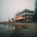 Old hotel near the ocean in Alaska or other northern country. Empty gloomy beach. Misty rainy evening. Generative AI