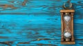 An old hourglass is situated on a teal wooden background, symbolizing the passage of time Royalty Free Stock Photo