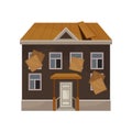 Old house with broken roof and boarded up windows. Facade of abandoned building. Private home. Flat vector icon Royalty Free Stock Photo