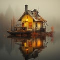 an old house floating on the water in the middle of a foggy night Royalty Free Stock Photo