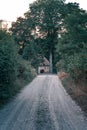 Old house in the forest near logging road Royalty Free Stock Photo