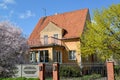 Old house of the German construction in Kaliningrad. Spring landscape