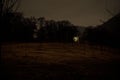 Old house with a Ghost in the forest at night or Abandoned Haunted Horror House in fog. Old mystic building in dead tree forest. C Royalty Free Stock Photo