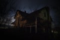 Old house with a Ghost in the forest at night or Abandoned Haunted Horror House in fog. Old mystic building in dead tree forest.