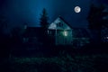 Old house with a Ghost in the forest at night or Abandoned Haunted Horror House in fog. Old mystic building in dead tree forest. Royalty Free Stock Photo