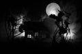 Old house with a Ghost in the moonlit night or Abandoned Haunted Horror House in fog. Old mystic villa with surreal big full moon. Royalty Free Stock Photo