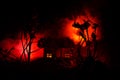 Old house with a Ghost in the moonlit night or Abandoned Haunted Horror House in fog. Old mystic villa with surreal big full moon. Royalty Free Stock Photo