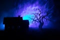 Old house with a Ghost at night with spooky tree or Abandoned Haunted Horror House in toned foggy sky with light. Old mystic build Royalty Free Stock Photo