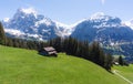 Old house on grassland with Swiss Alps mountain view, in Switzerland Royalty Free Stock Photo