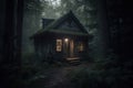 Old house is a hut in the forest. Eerie forest is a lonely shack covered with moss, the windows glow in the evening at dusk Royalty Free Stock Photo