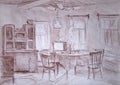 Old house interior, dining room, pastel sketch Royalty Free Stock Photo