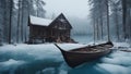 old house in the mountains Horror A wooden row boat trapped in a lake of ice, with a frozen landscape Royalty Free Stock Photo