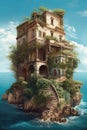 Old house on sea island, scenery of vintage surreal home, generative AI Royalty Free Stock Photo