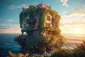 Old house on sea island, scenery of vintage surreal home overgrown by ivy, generative AI Royalty Free Stock Photo