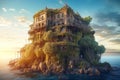 Old house on sea island, scenery of vintage surreal home at sunset, generative AI Royalty Free Stock Photo