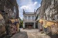 The Old House of Sino-Portuguese architecture and the facades of houses painted with art patterns. Street photo in Takua Royalty Free Stock Photo