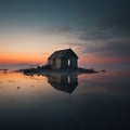 an old house sits on an island in the middle of the water Royalty Free Stock Photo