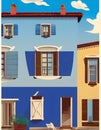 A illustration featuring charming old houses set against a clear blue sky with white clouds Royalty Free Stock Photo