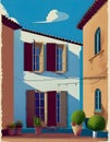 A illustration featuring charming old houses set against a clear blue sky with white clouds Royalty Free Stock Photo