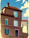 Old House under Blue Skies: A illustration featuring a charming old house set against a clear blue sky with white clouds Royalty Free Stock Photo