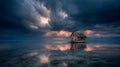 Old house on a vast reflective calm water under a cloudy sky Royalty Free Stock Photo