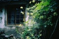 an old house with vines growing around it and a window Royalty Free Stock Photo