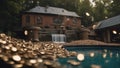 old house in the water Steam punk swimming pool with a waterfall of coins, with a landscape of factories
