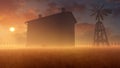 Old House And Windmill In Misty Sunset Royalty Free Stock Photo