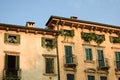 Old house windows with wooden shutters open and closed with flower pots Royalty Free Stock Photo