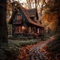 an old house in the woods with autumn leaves on the ground Royalty Free Stock Photo